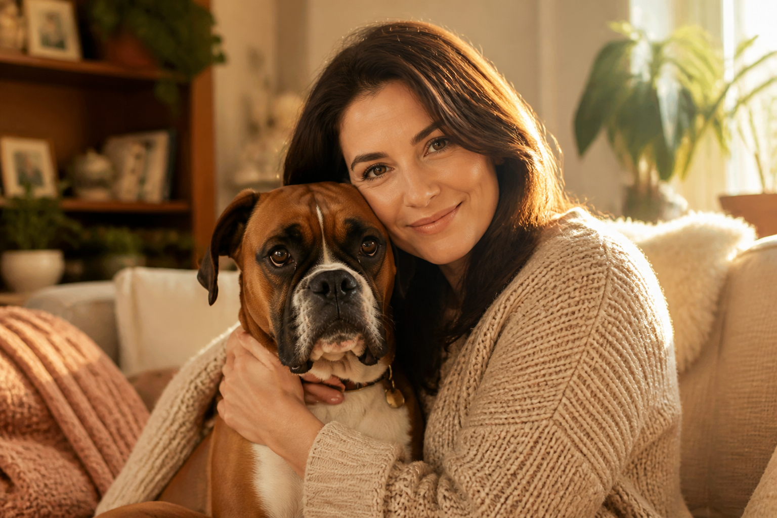 Woman sitting on a couch holding her Boxer dog close, both looking at the camera with soft affectionate expressions
