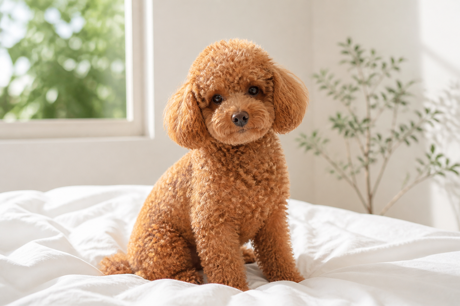 Standard Poodle sitting on a white sheet in a sunlit room, curly coat catching the light, looking directly at the camera