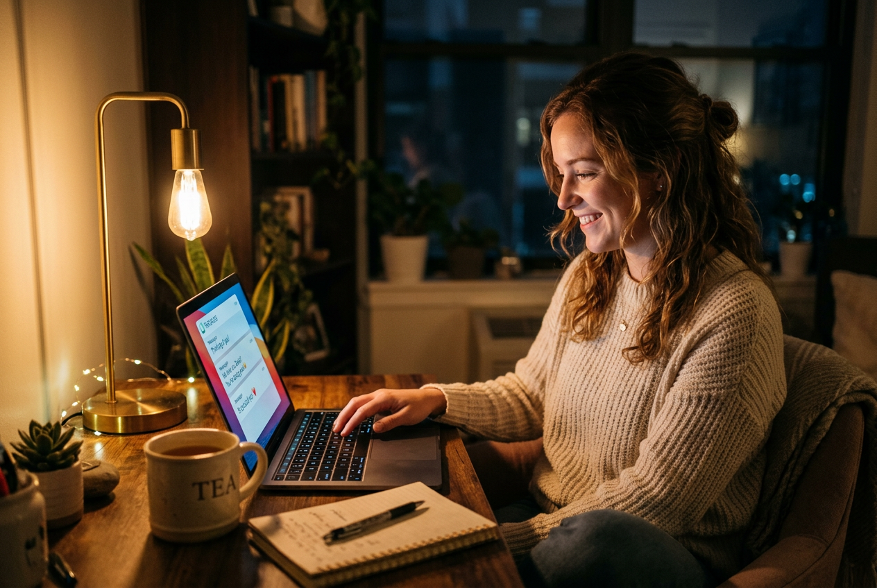 Person reading supportive online messages late at night with tea and warm lamp light, feeling connected