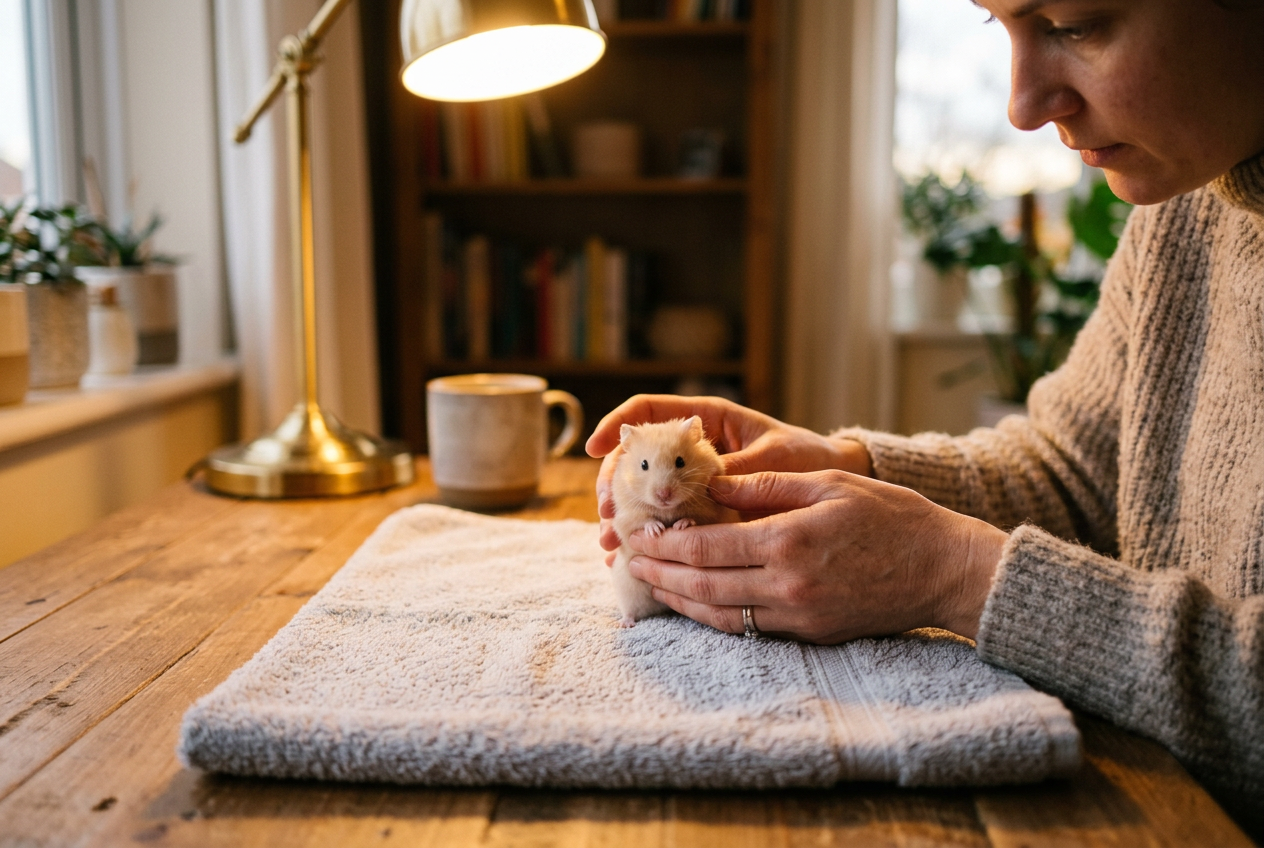 Gentle hands carefully examining a small hamster on a clean towel under warm desk lamp light