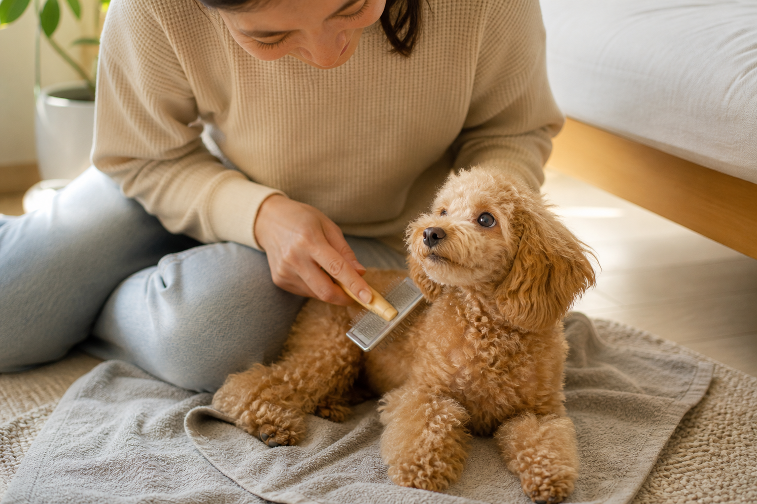 Person gently brushing a small Poodle puppy on a towel on the floor, the puppy looking up with bright curious eyes